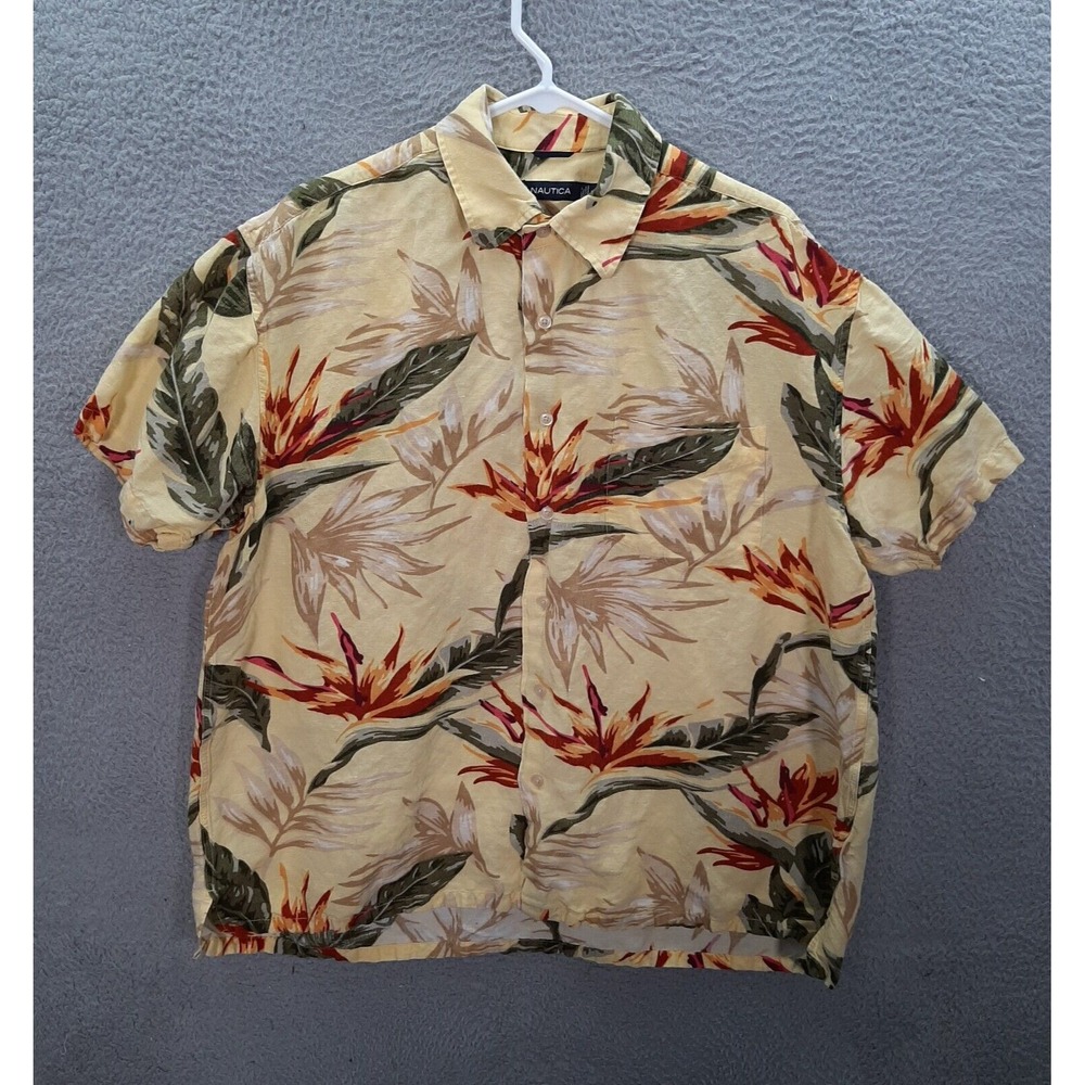Nautica Shirt Adult Extra Large Yellow Hawaiian Camp Linen Blend Tropical Beach‎